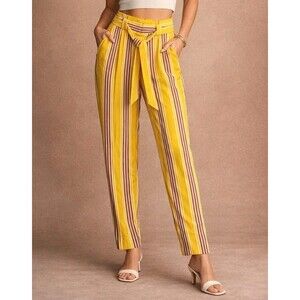 Express High Waist Pants Womens Long Yellow Wide Leg Coastal Trousers Belted NEW